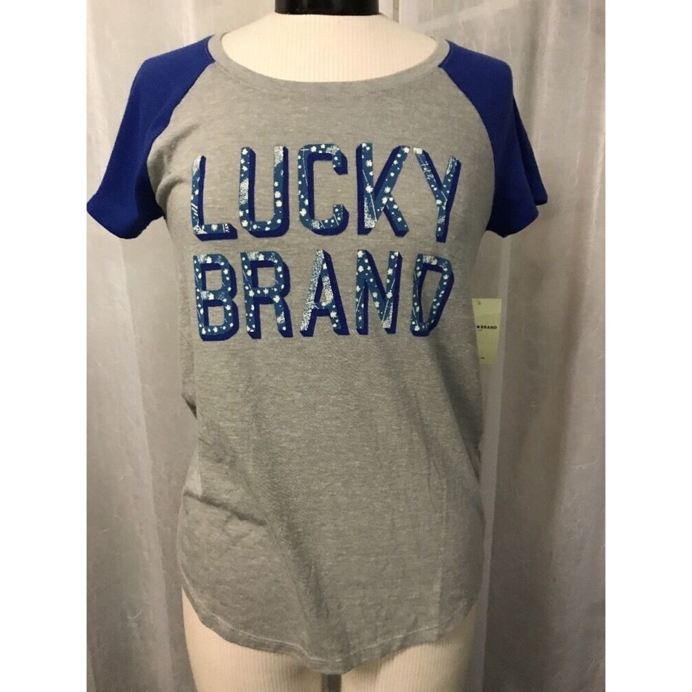 Lucky Brand T-Shirt Gray Blue Sleeves Trendy T-Shirt Size Small NWT - Picture 2 of 8